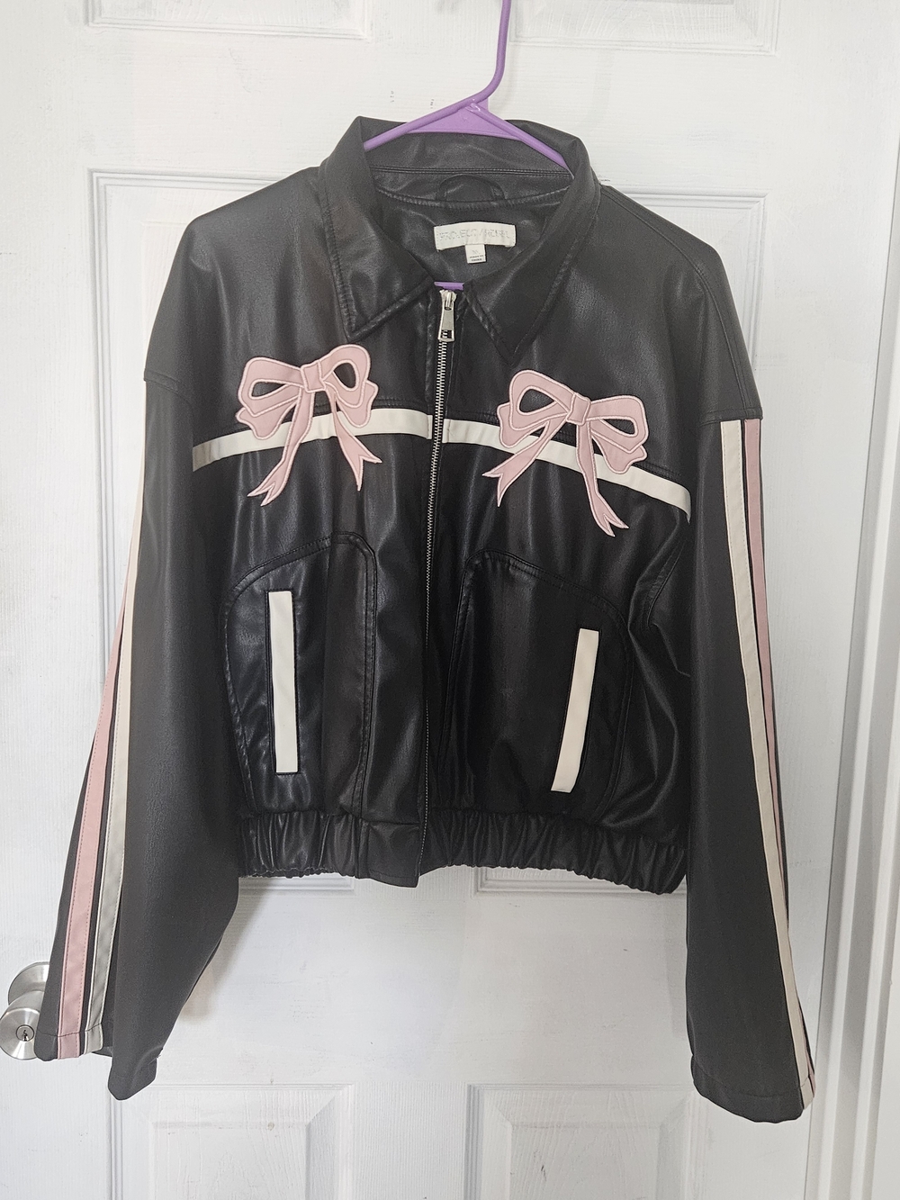Faux Leather Bow-Accent Jacket in Black and Pink - Women's